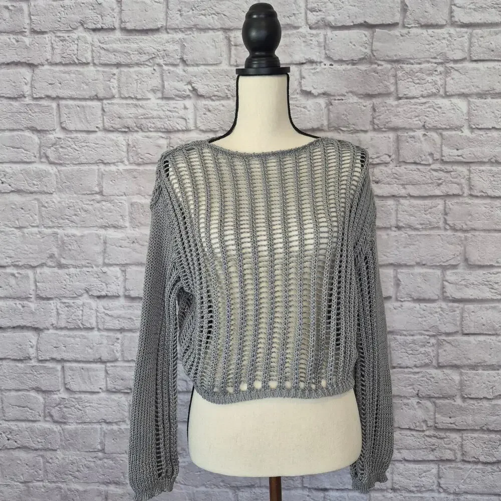 Miss Sparkling Sweater Grey Open Knit Crochet Crop Long Sleeve Women's Size S